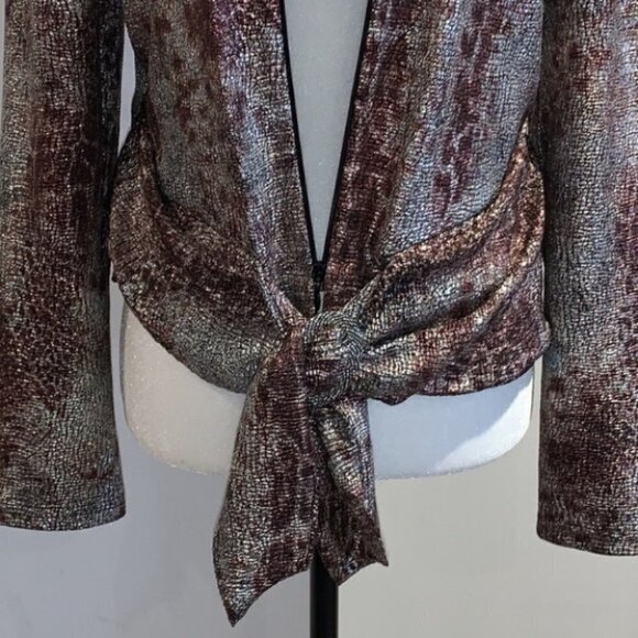 joseph Ribkoff Purple and Silver Snakeprint Tie Front Metalic Moto Jacket 10 - Picture 4 of 15
